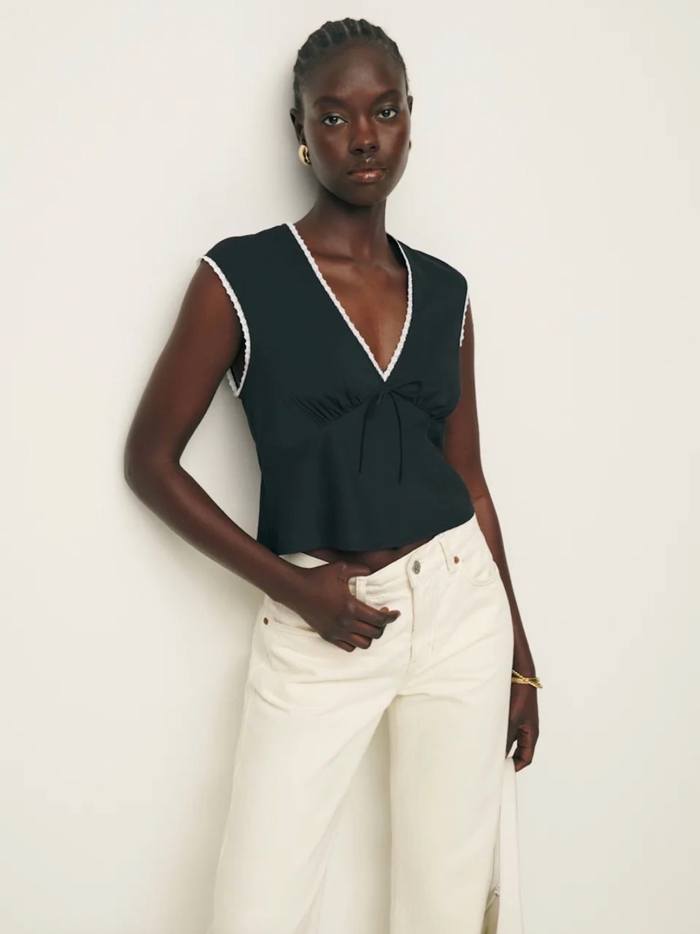 Reformation Black V-Neck Crop Top with White Trim